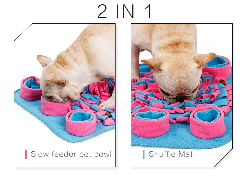 Dos productos diferentes para mascotas. A la izquierda, hay un cuenco para mascotas de alimentación lenta, que parece ser un cuenco diseñado para ralentizar la alimentación de una mascota al tener múltiples compartimentos o cámaras.