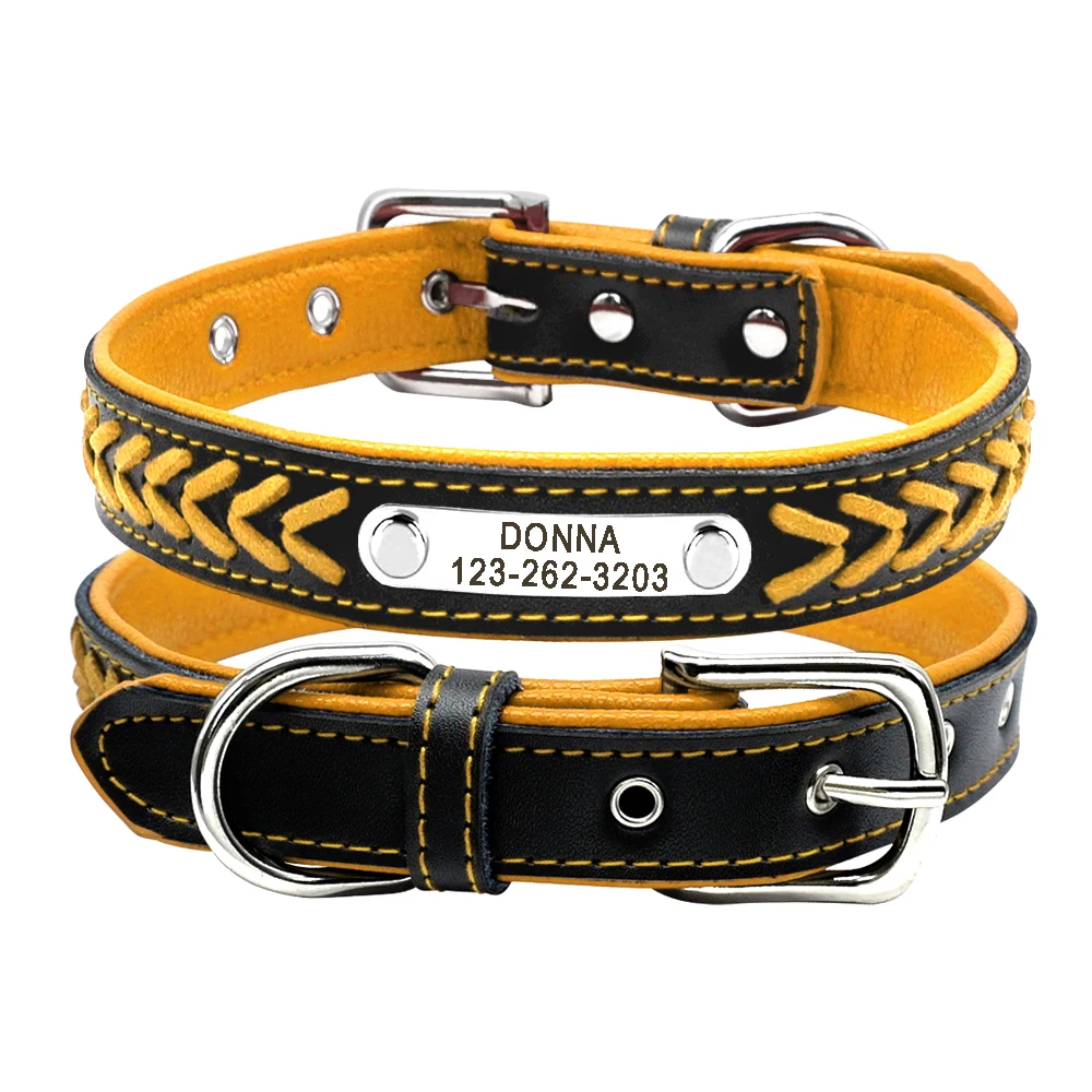 Collar de perro de cuero personalizado, collares de perro chapados con nombre trenzado para perros pequeños, medianos y grandes, Collar grabado personalizado, etiquetas de identificación para mascotas - imagen 4