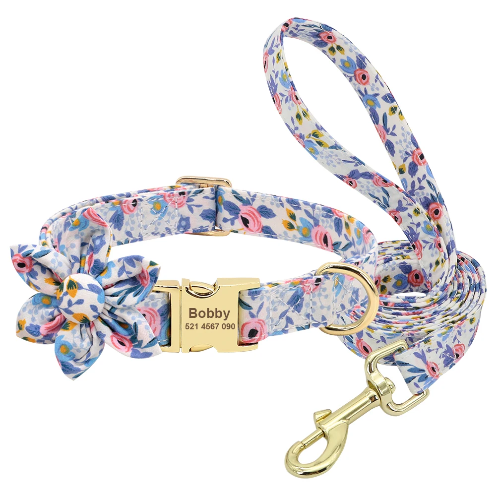 Collar grabado personalizado con correa para perro, correa de nailon impresa para identificación de mascotas, cinturón para caminar para perros pequeños, medianos y grandes, accesorio de flores - imagen 2