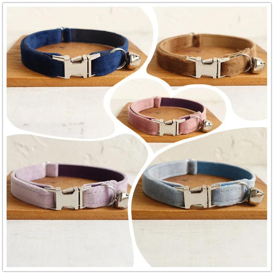 Collar de gato personalizado con campana, Collar de lujo para mascotas de diseñador para gatos, perros pequeños, Collar de gatito de terciopelo grueso con hebilla de Metal - imagen 5