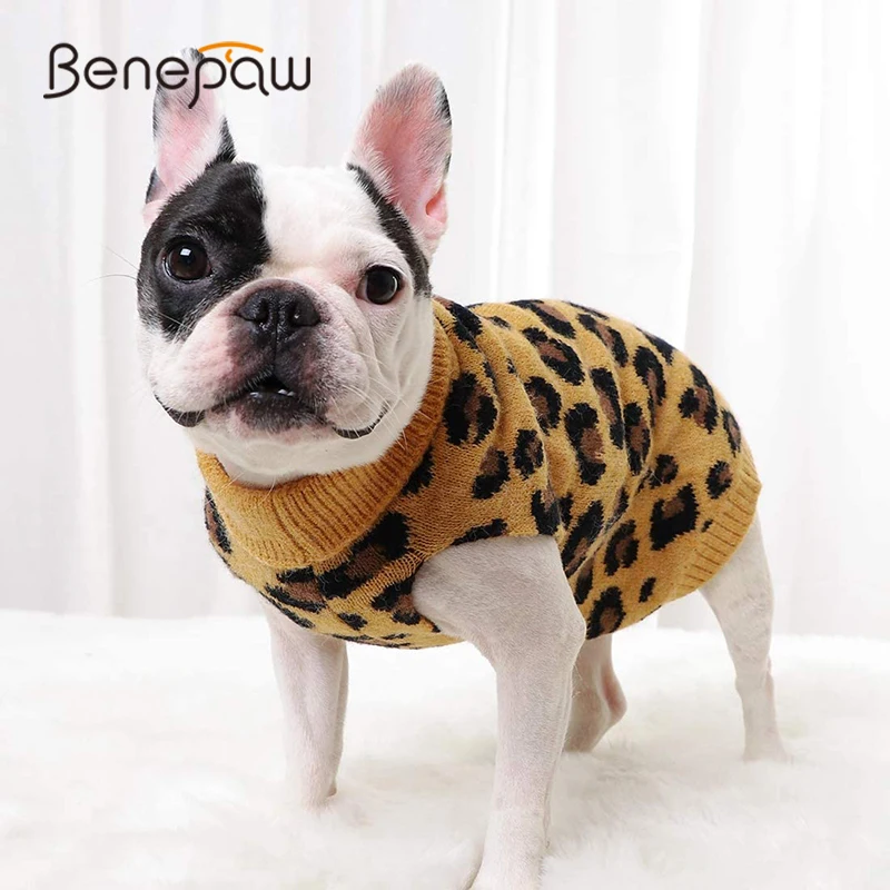 benepaw suéter cuello alto estampado leopardo perro ropa punto cálida mascotas otoño invierno