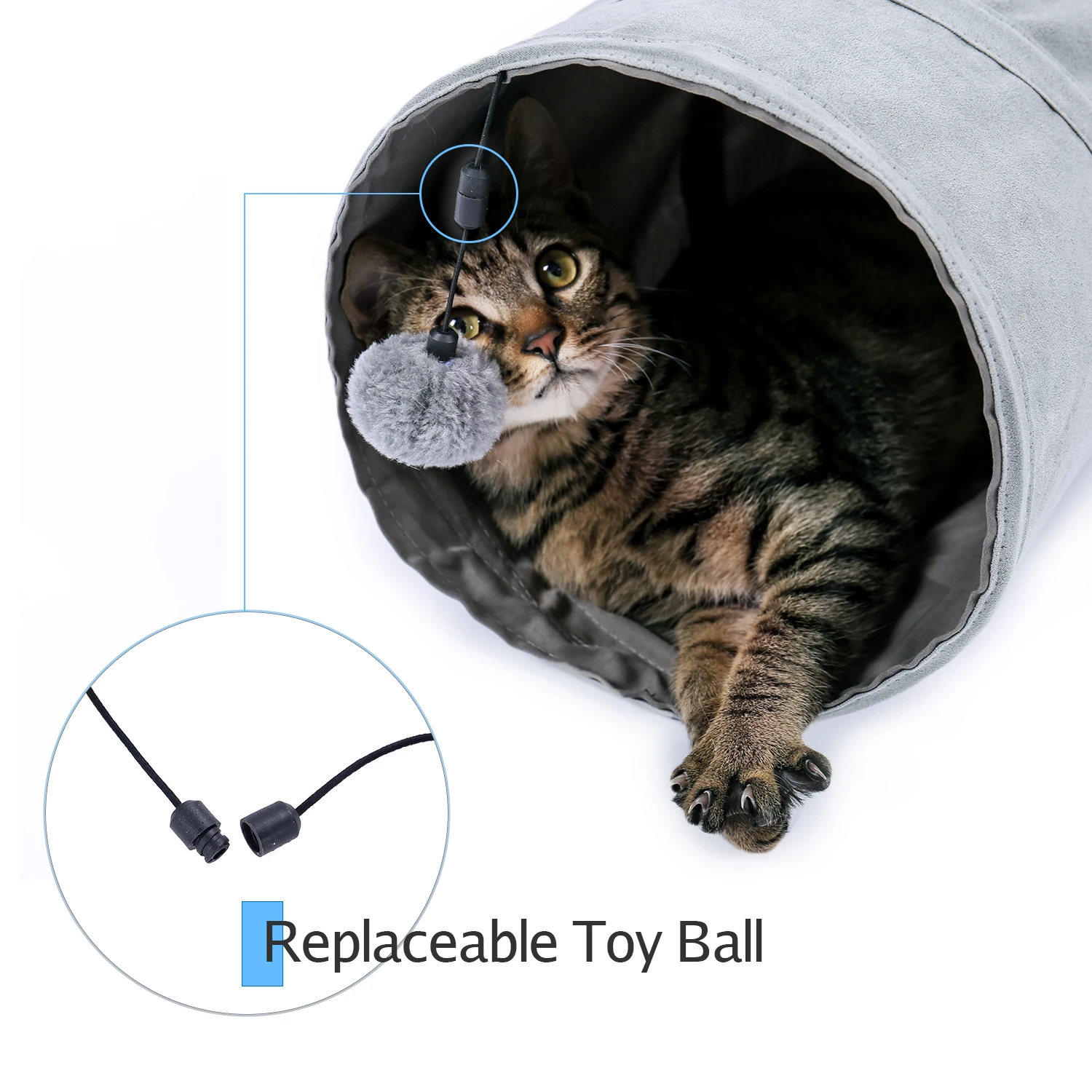 Túnel de juguete para gatos, juguete plegable con bola colgante, divertido, para mascotas, conejo, gatito, gris - imagen 4