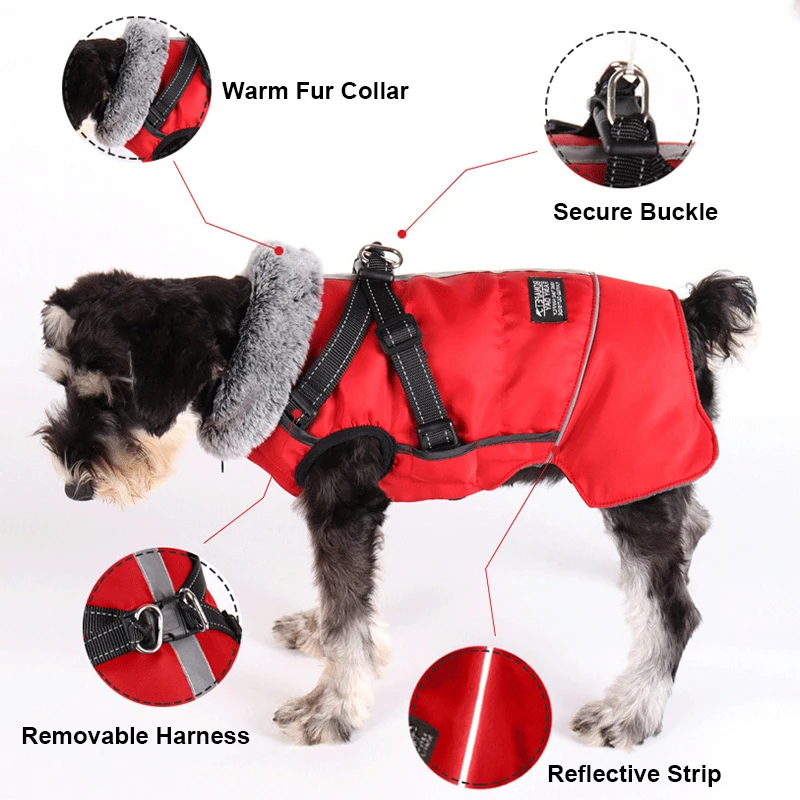 Ropa de invierno para perros grandes, chaqueta impermeable para perros grandes, abrigos con arnés, Cuello de piel cálida, ropa para perros grandes, Doberman, galgo - imagen 2