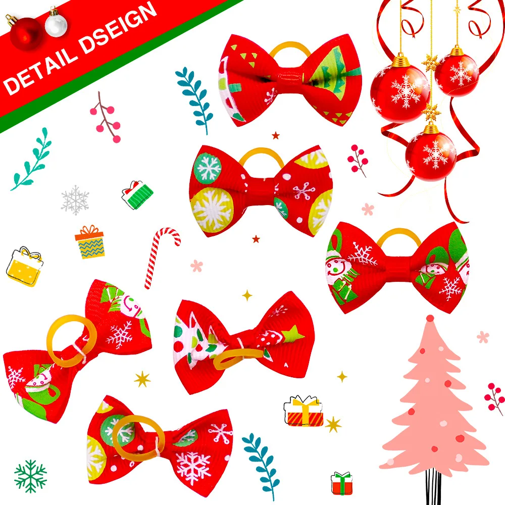 Lazos navideños para perros y gatos, accesorios para el cabello para cachorros, alce, nieve con bandas de goma, tocado para mascotas, Collar para perros, lote de 20 unidades - imagen 5