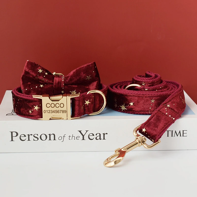 Collar de vino tinto, tela de calidad de terciopelo personalizada para perros pequeños, medianos y grandes, piezas de Metal personalizadas, accesorio para mascotas Star 03