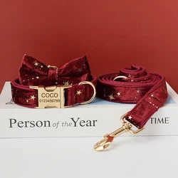 Collar de vino tinto, tela de calidad de terciopelo personalizada para perros pequeños, medianos y grandes, piezas de Metal personalizadas, accesorio para mascotas Star 03