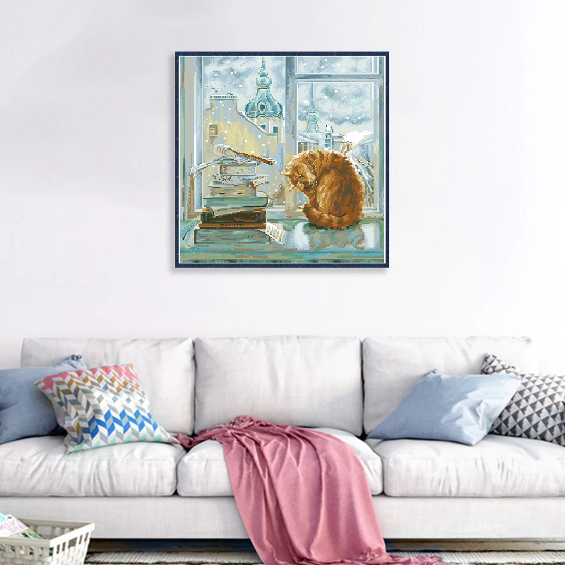 Kits de punto de cruz contado por la mañana para principios de invierno, patrón de gato, paquete de bordado en lienzo sin imprimir, 11CT, 14CT, pintura de costura DIY
