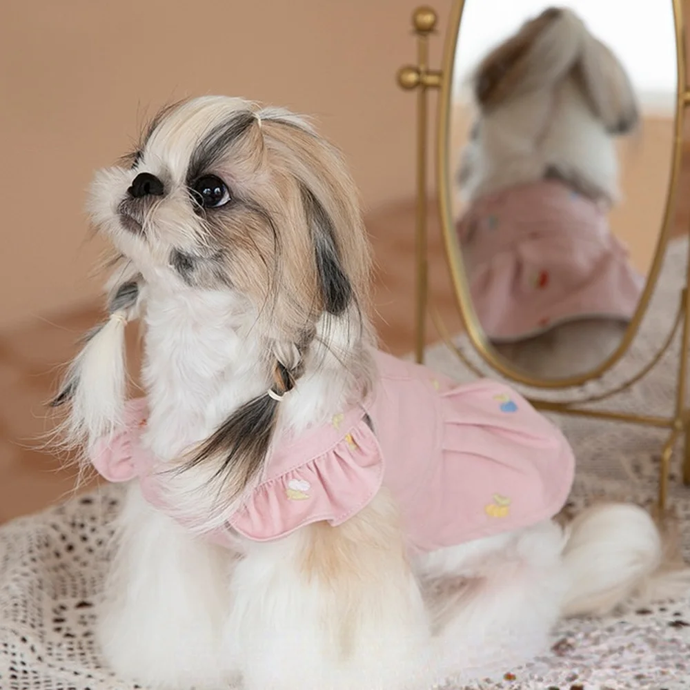 Falda bordada con correa de terciopelo para perro, ropa para mascotas, disfraz de gato y perro, chaqueta Bichón de peluche, vestidos para perros pequeños y lindos, ropa para perros - imagen 3