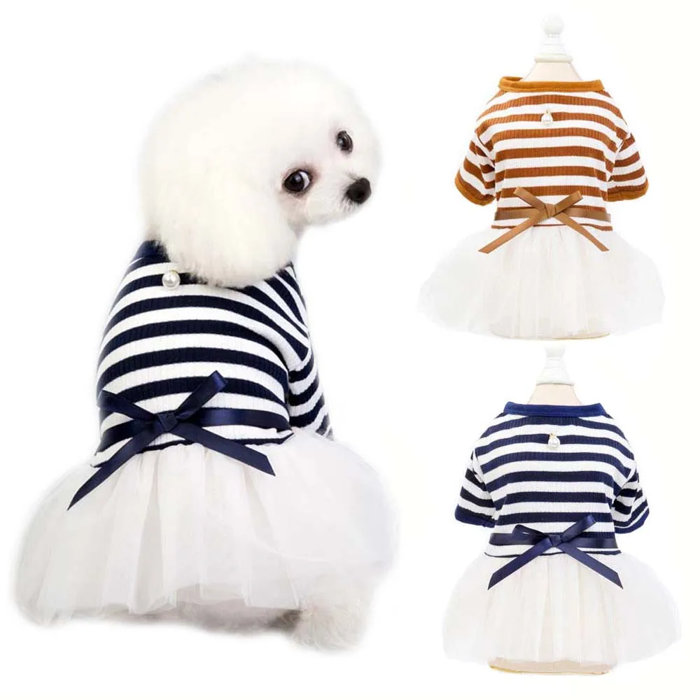 Vestidos a rayas para perros pequeños, ropa para cachorros de primavera y verano, faldas de princesa de tul, ropa para fiesta de cumpleaños y mascotas - imagen 2