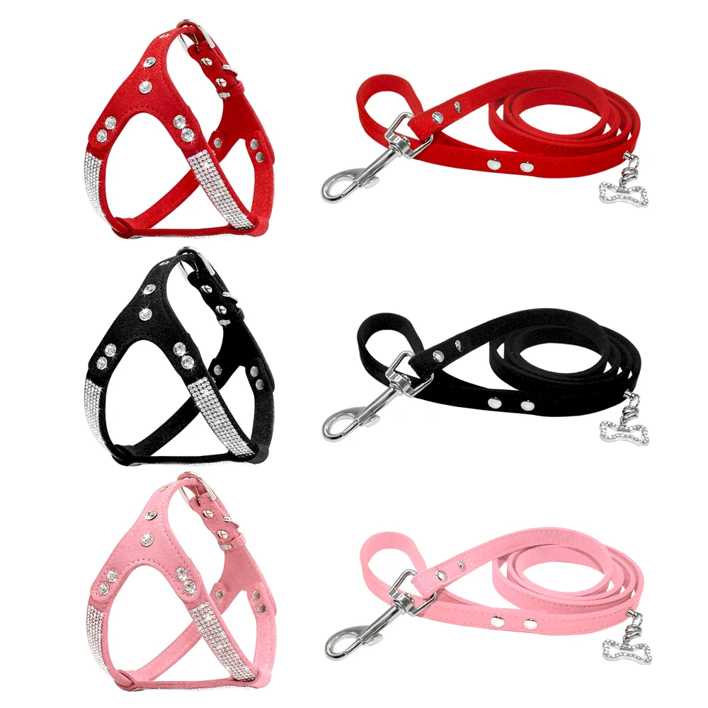 Arnés de Bulldog Francés con diamantes de imitación, arnés de cuero de ante ostentoso para cachorros y perros, chaleco para perros pequeños con gato de cristal S M L para caniche Chihuahua - imagen 2