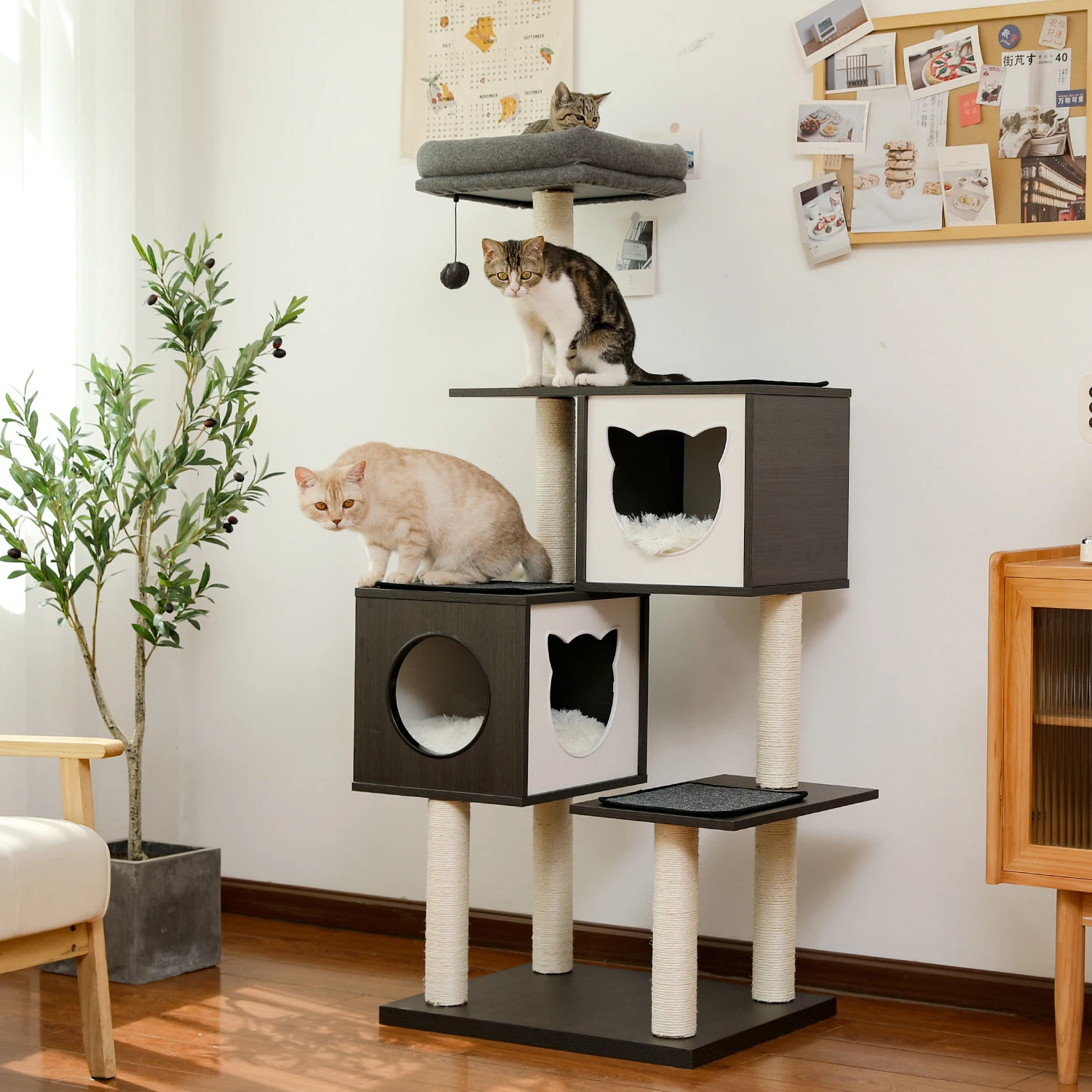 Torre de árbol para gatos de 147CM de altura, consolas dobles para interiores, madera maciza, plataforma multinivel, Bola de felpa acolchada, perca, rascador gato - imagen 2