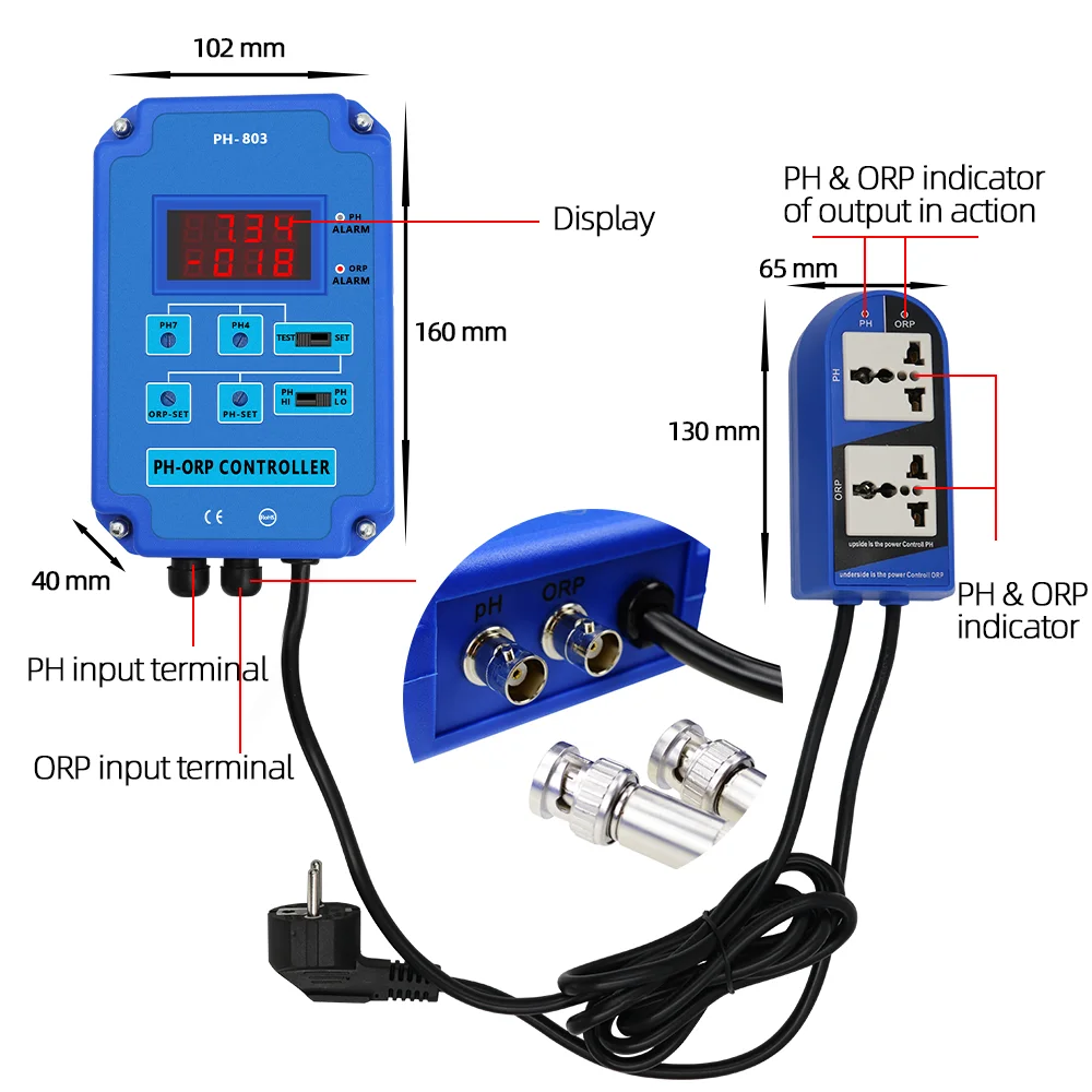 Controlador Digital de PH-803, Monitor de relé de potencia de salida para acuario, piscina hidropónica, Spa, BNC, PH ORP 2 en 1, enchufe europeo y estadounidense - imagen 2