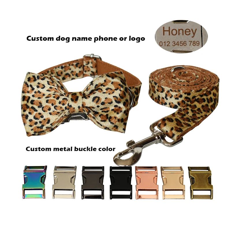 Collar con pajarita con estampado de leopardo para perros pequeños, medianos y grandes, personalizado, placa con grabado, suministros para mascotas, 01 - imagen 5