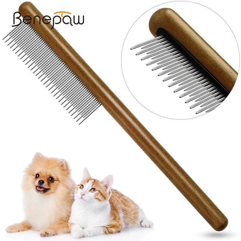 Benepaw peine profesional perro cómodo mango madera dientes cortos largos peine mascotas eliminar enredos nudos pelo suelto mate