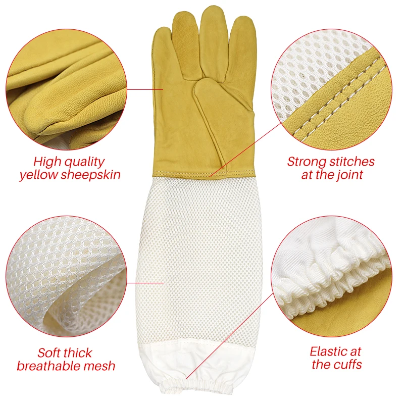 Guantes de apicultura transpirables, Manguitos protectores, antiabejas, color amarillo y blanco, largos, herramientas de apicultura, 1 par - imagen 4