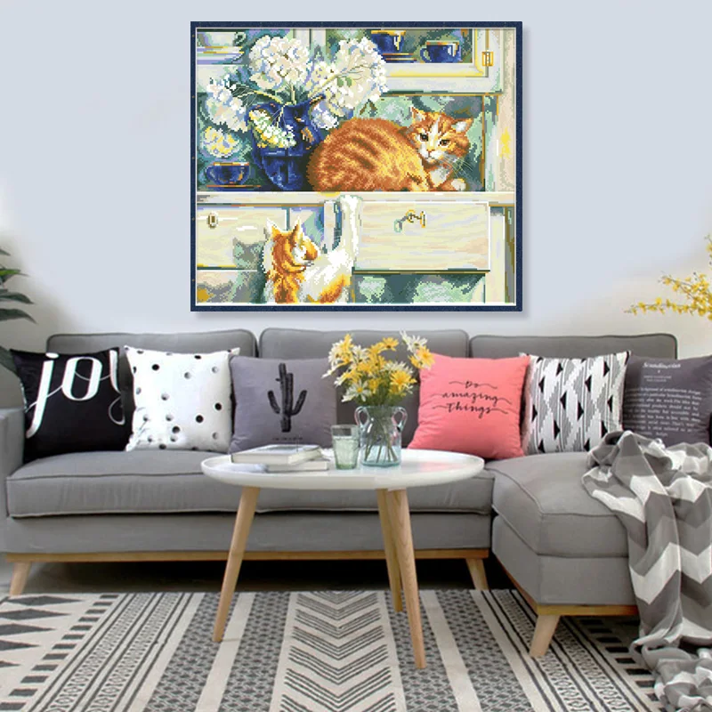 Kits de bordado con patrón de punto de cruz con cuentas de gato en cajón, tela sin imprimir, 11CT, 14CT, conjunto de manualidades hechas a mano, pintura para decoración del hogar