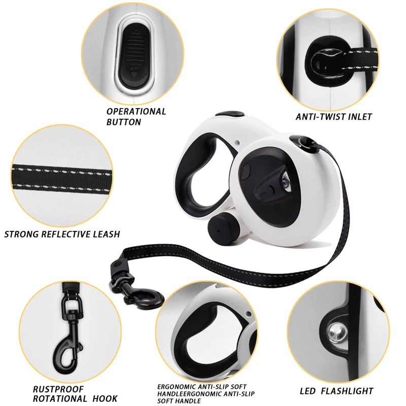 Benepaw-correa retráctil para perro, linterna LED, dispensador de bolsas para caca, reflectante, sin enredos, 5m, plomo para perros pequeños, medianos y grandes - imagen 4