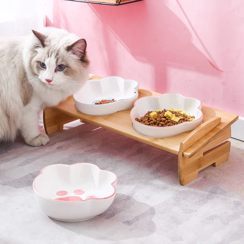 Plato de cerámica elevado para perros y gatos, cuenco doble con forma de pata, suministros para mascotas - imagen 3