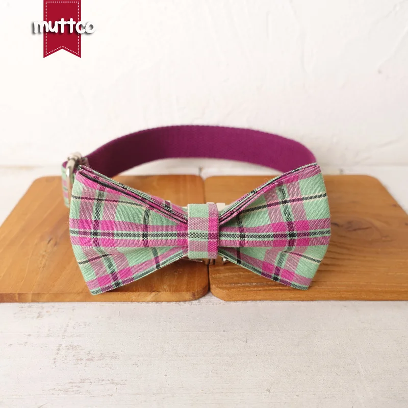MUTTCO vende al por menor collar de perro de diseño propio púrpura menta Plaid hecho a mano poli satén y nailon 5 tamaños collar de perro UDC099 - imagen 5