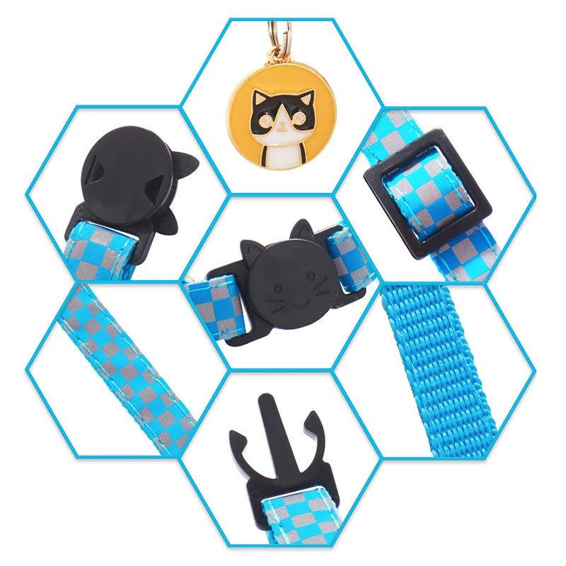 Nuevo Collar reflectante a cuadros para mascotas, ID personalizado, grabado gratis, nailon para gato, ajustable para cachorros y gatitos, collar - imagen 5