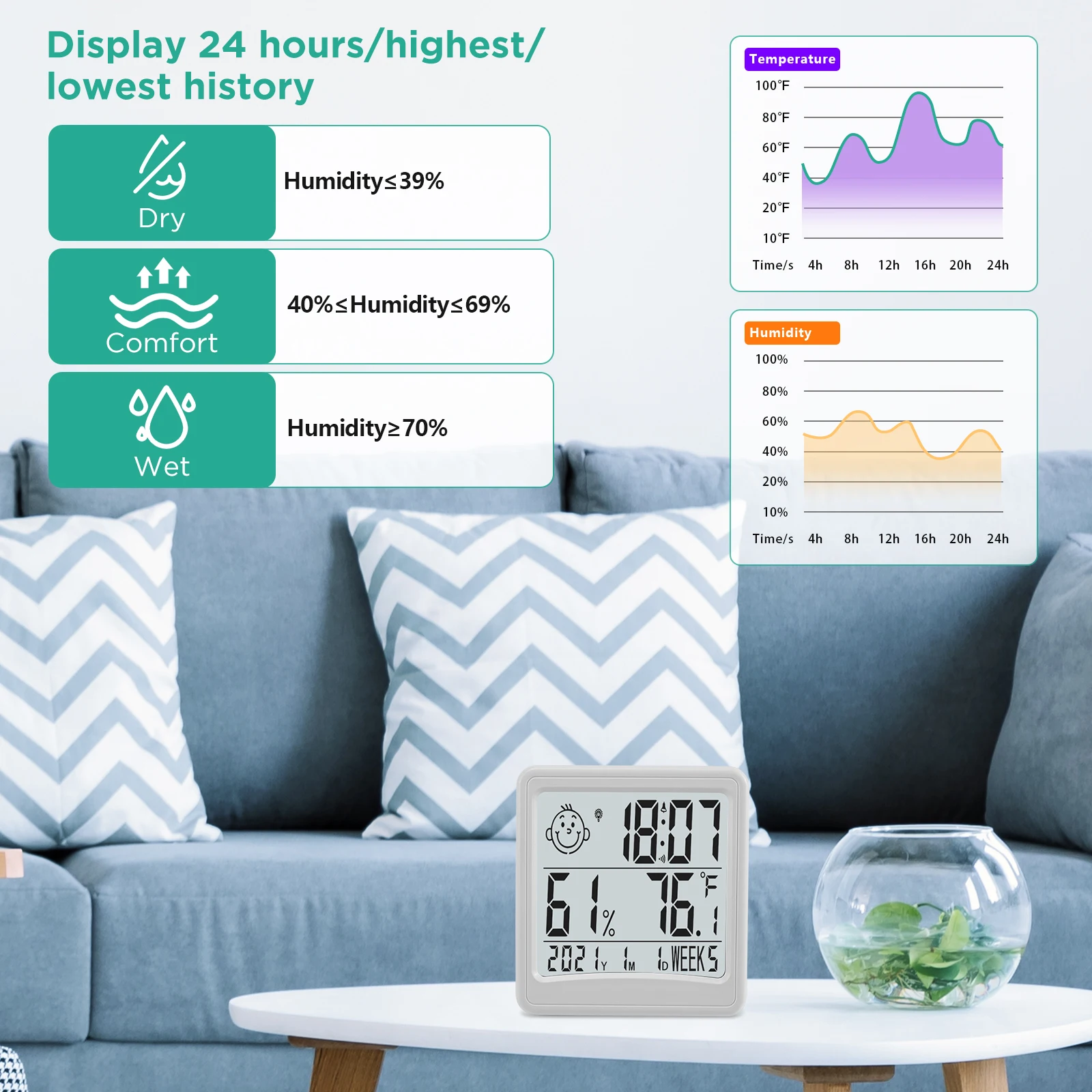 Termómetro multifuncional LCD Digital, higrómetro con pantalla de tiempo y calendario, Sensor de temperatura y humedad, 8218 - imagen 5