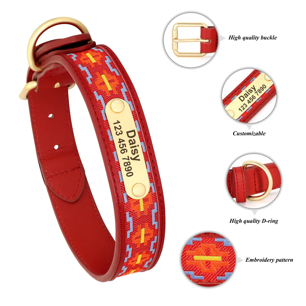 Collar personalizado con bordado étnico para perro y gato, Collar de cuero hecho a mano para perros pequeños, medianos y grandes, suministros para mascotas - imagen 2