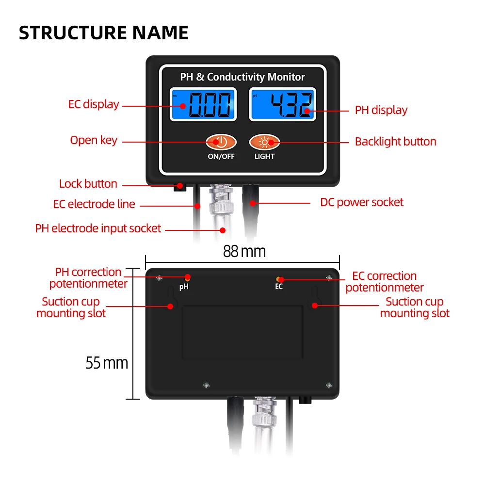 PH-2583 Monitor de PH y conductividad medidor Digital de calidad del agua Detector en línea Analizador de medición de PH EC para acuario de pecera - imagen 3