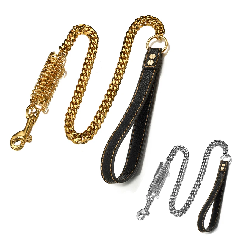 Cadena cubana de Metal dorado fuerte, correa de seguridad para perros de acero inoxidable, amortiguador de resorte, correa de cuero genuino que ahorra trabajo, 20E - imagen 2