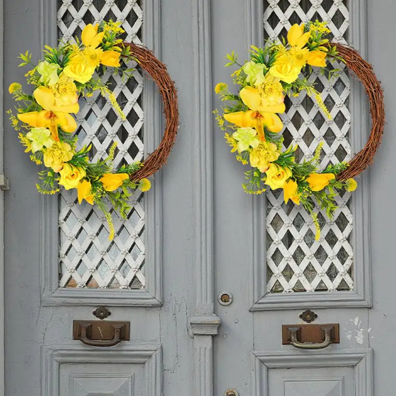 Corona rosada Artificial para Primavera, reutilizable con corona de flores rosas para todas las estaciones, adornos de jardín para paredes de puerta delantera - imagen 3