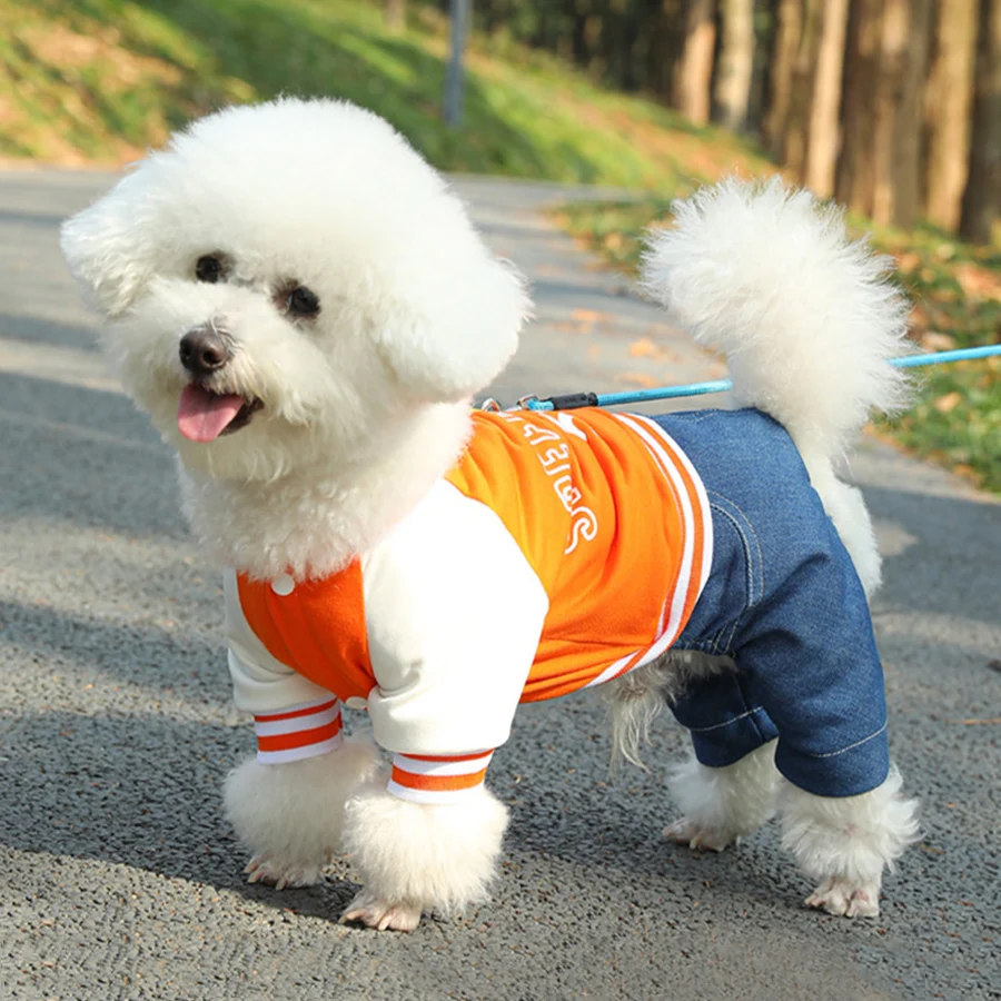 Chaqueta universitaria para perros con traje de pantalones vaqueros, trajes de primavera de una pieza de 4 patas, ropa para mascotas para perros pequeños y medianos, disfraz para cachorros - imagen 3