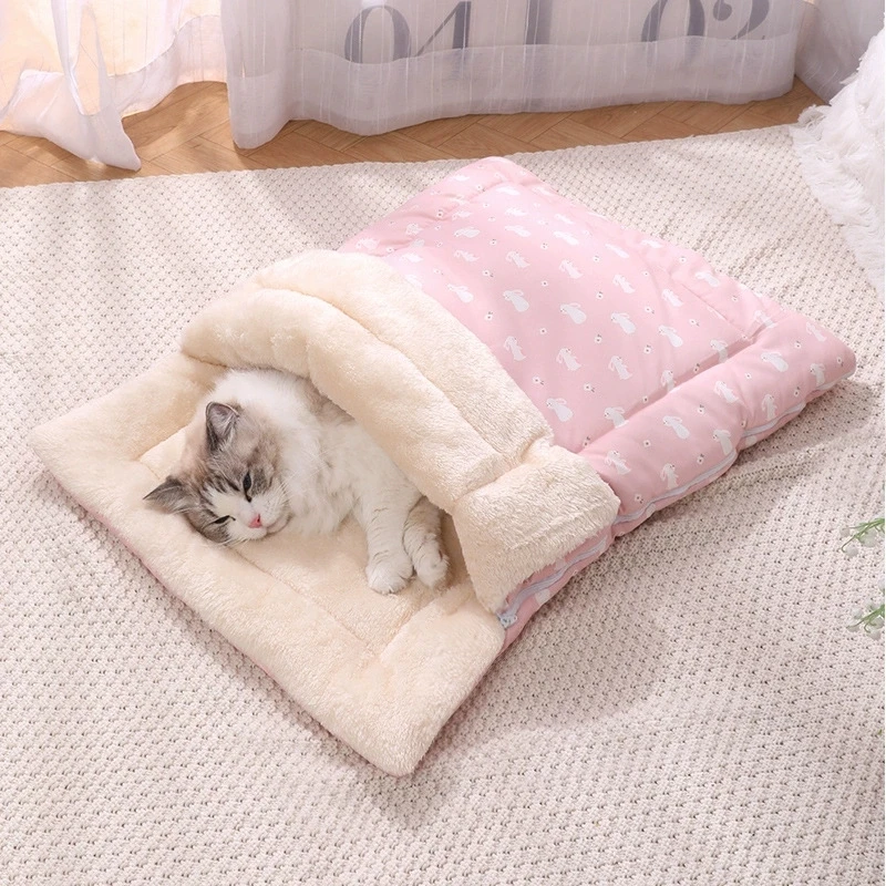 Saco de dormir cálido para gatos, cama para mascotas con forro polar de felpa, almohadilla lavable desmontable para gatos de interior, perros pequeños, todas las estaciones, invierno - imagen 3