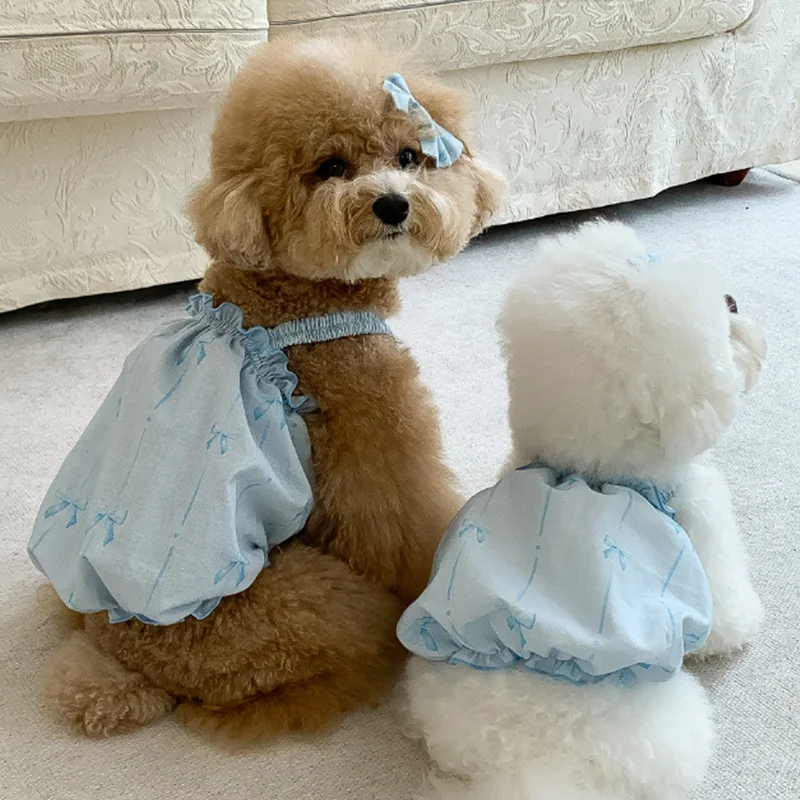 Falda de calabaza con lazo azul para mascotas, chaleco con tirantes de princesa y flores, ropa para perros pequeños y gatos, falda fina de verano para perros y gatos - imagen 3