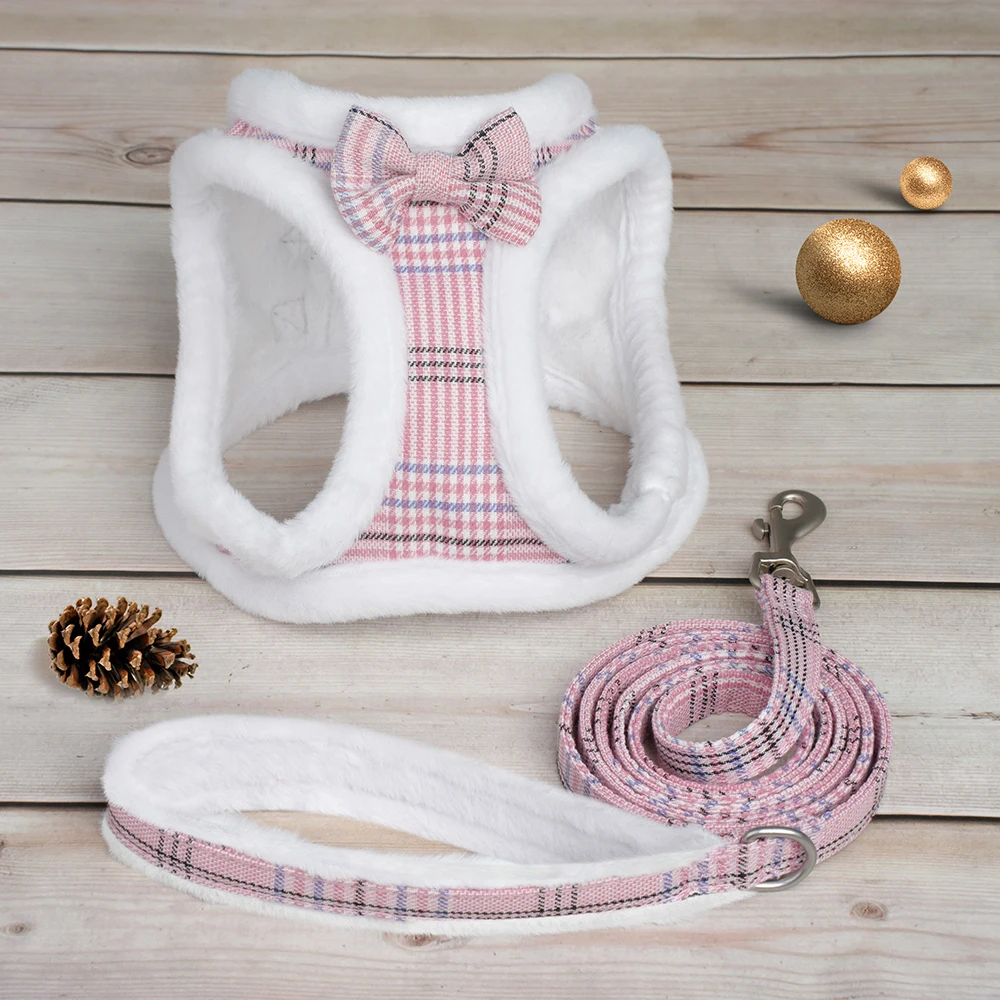 Arnés de perro cálido para invierno, conjunto de correa, arnés acolchado de piel suave para perro, chaleco sin tirones, arnés ajustable para mascotas con correa de plomo, bonito lazo - imagen 2