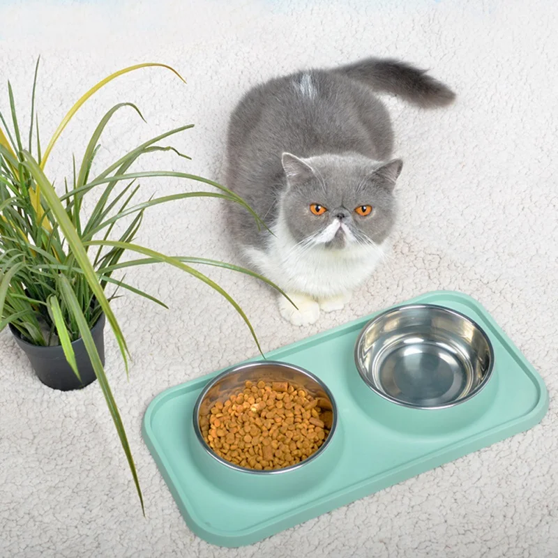 Cat and Dog Bowls and Silicone Feeding Mat Set Stainless Steel Feeding Bowl 2 Food Dish Slip Resistant Raised Edges Base Mat - imagen 3