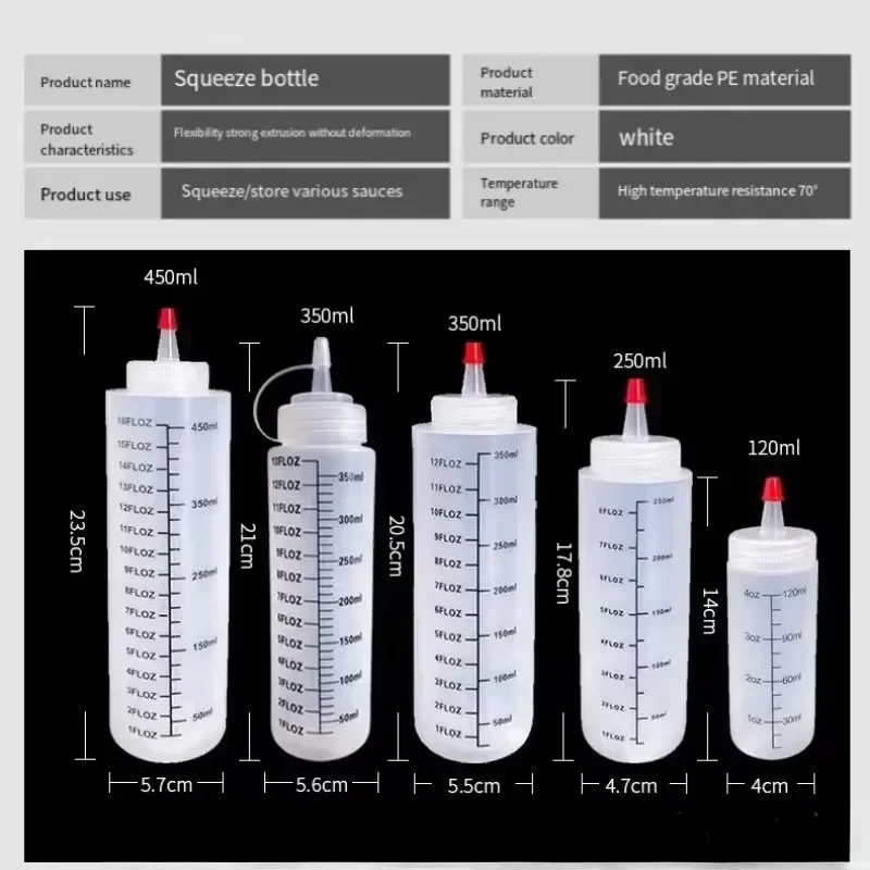 Botella exprimible para salsa de ensalada, 2 uds., 120/250/350/450ml, botella exprimidora de plástico recargable con punta de aguja, exprimible y a prueba de fugas - imagen 3