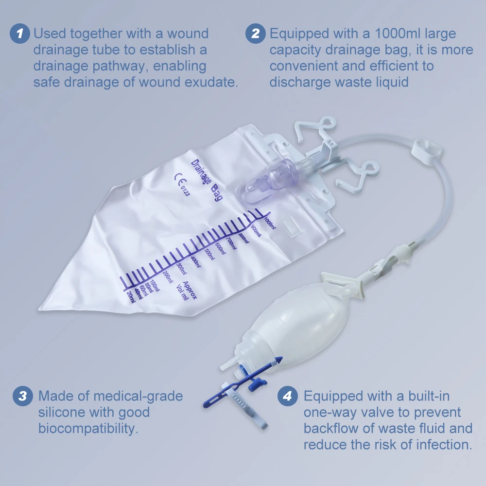 Depósito de succión de silicona debajo del drenaje con bolsa de drenaje de 1000ml, equipo veterinario desechable estéril, drenaje de heridas para mascotas - imagen 4