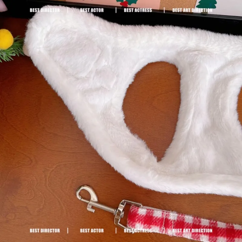 Arnés de perro de peluche rojo, conjunto de tracción a cuadros para mascotas, ropa para perros y gatos, chaleco, arneses de terciopelo grueso, abrigo de invierno de peluche de Navidad y Año Nuevo - imagen 5