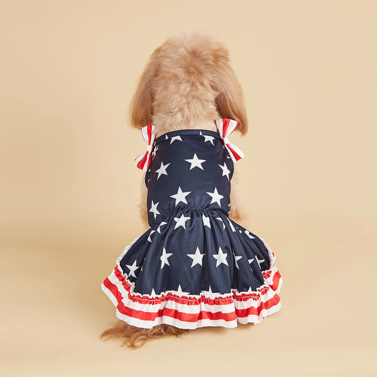 Striped Dress Shirt Cute Bowknot Sundress American Flag Stars Printed Princess Summer Puppy Apparel Clothes with Ruffles for Sma - imagen 2