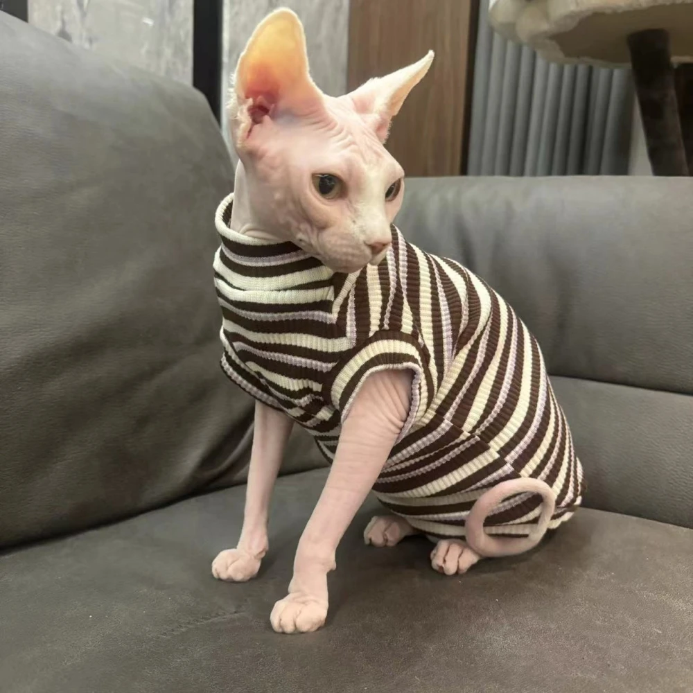 Camiseta de rayas de algodón Sphynx CAT chaqueta de gatito de manga corta verano - primavera chaqueta de cachorro dewenshire Rex ropa casual para gatos - imagen 3