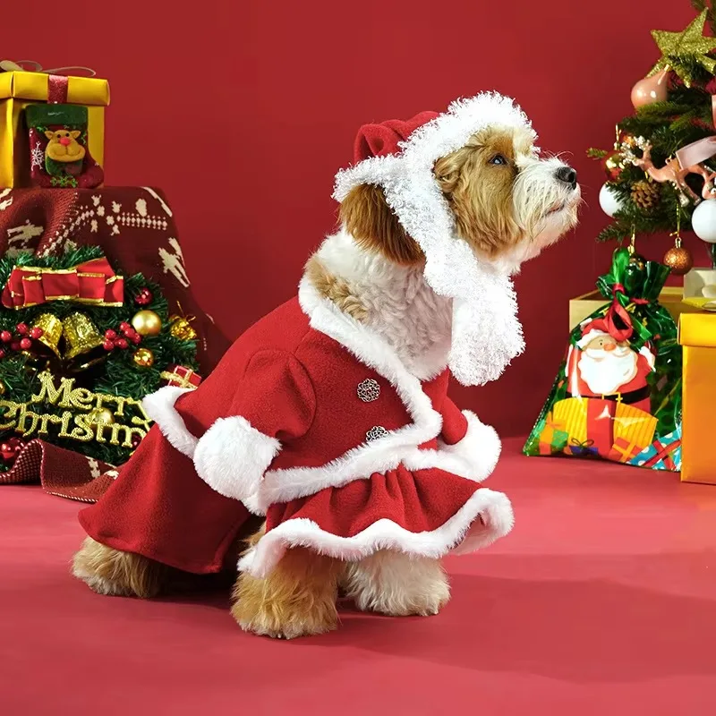 Traje cálido para mascotas para perros pequeños/medianos, disfraz navideño para perros de Papá Noel con sombrero, vestido polar con borde de felpa,