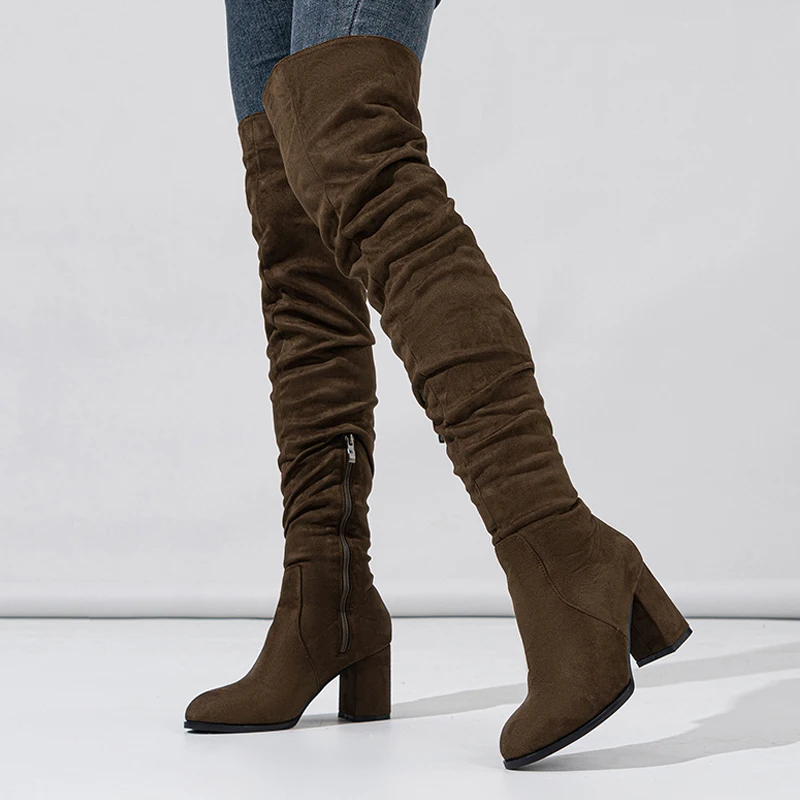 2025 Otoño Invierno negro marrón sobre la rodilla botas mujeres Sexy puntiagudas cremallera muslo zapatos altos tacones cuadrados botines Mujer - imagen 4