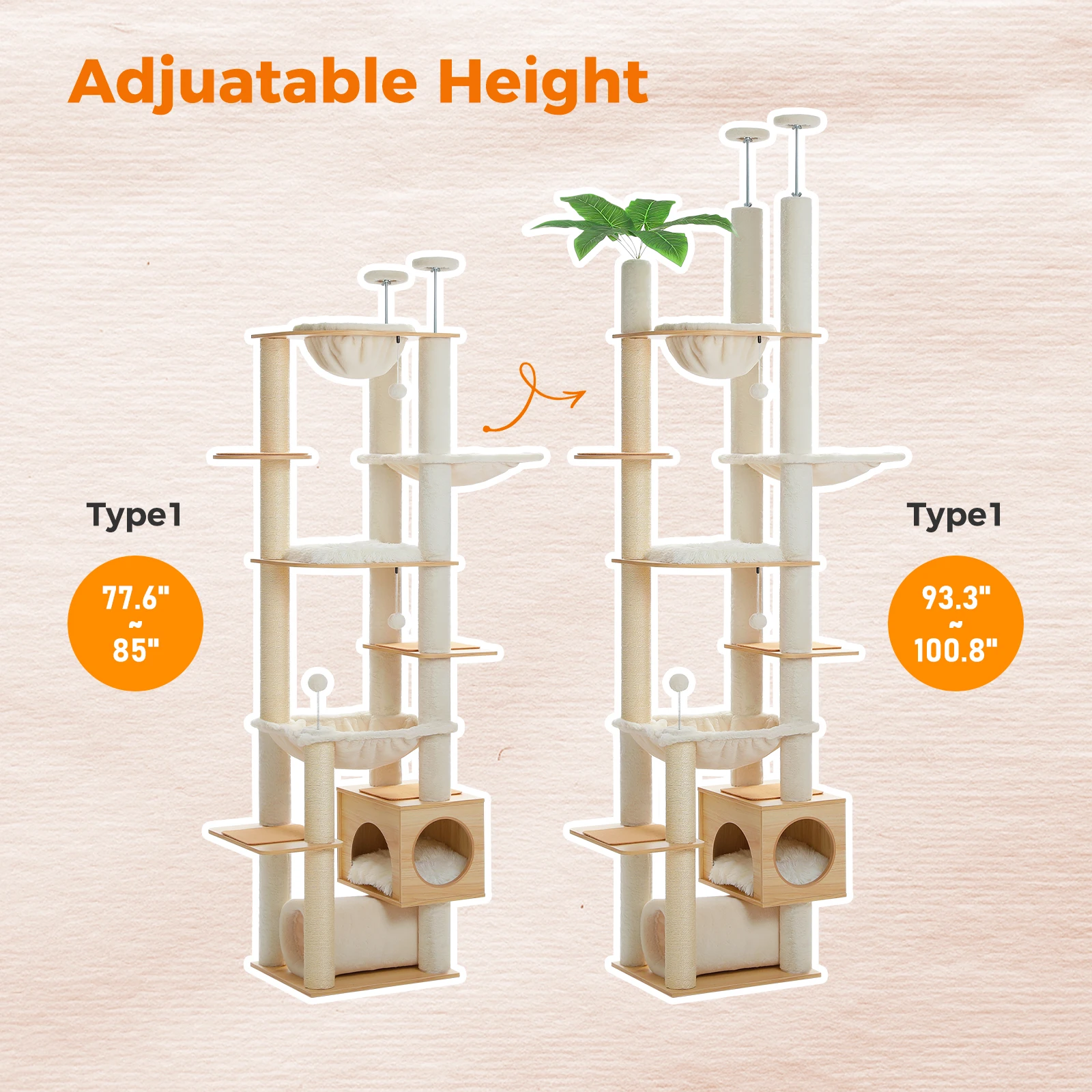 Árbol para gatos de madera ajustable en altura con hamaca grande, postes rascadores de Sisal, torre para gatos de piso a techo, acogedor Condo para gatos para interior - imagen 5