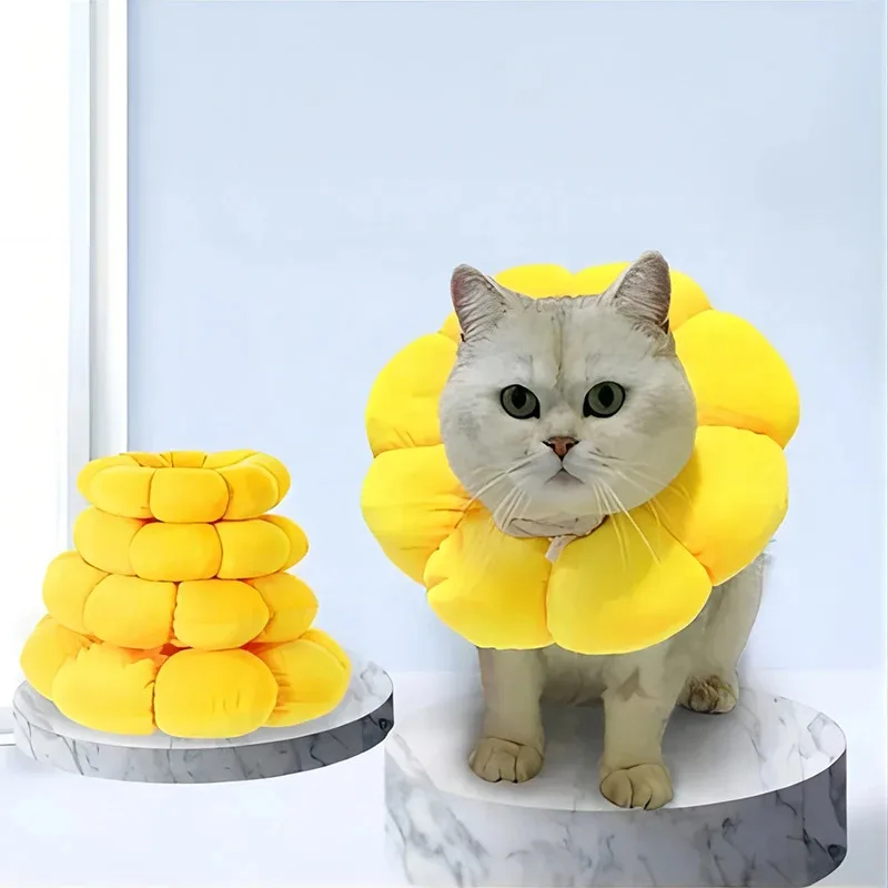 Collar protector de heridas para mascotas y gatos después de la cirugía, Collar Elizabeth ajustable suave de algodón para evitar la lamer el cabello, Collar de girasol - imagen 3
