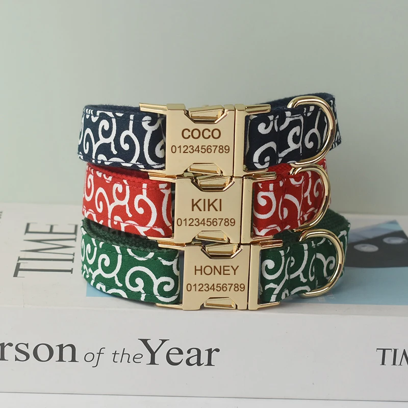 Collar de perro con lazo grabado gratis, correa de perro Labrador Bull Bowknot, correas de correa, hebilla ajustable, accesorios franceses, tres colores