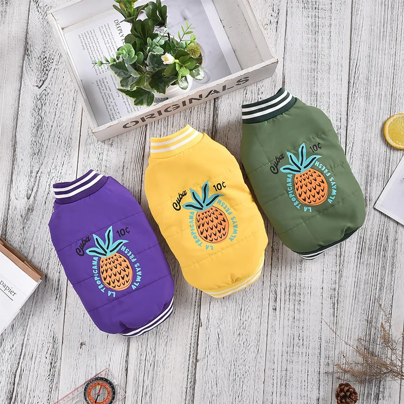 Chaqueta bordada de piña para otoño e invierno, Parkas cálidas a juego de colores para perros, ropa para perros y gatos de tamaño pequeño y mediano para mascotas