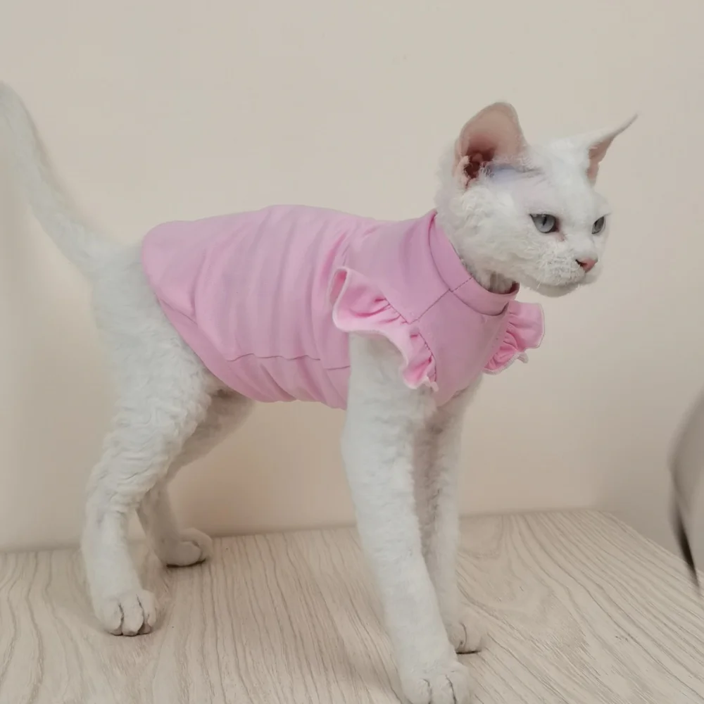 Mangas voladoras de chaleco de algodón verde para gato Sphynx en primavera verano, vestido azul dulce para gato sin pelo, pijamas suaves de rosa para gatitos. - imagen 4