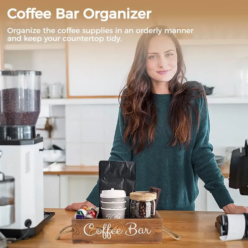Organizador de barra de café, estación de café de madera con 3 divisores extraíbles, caja de almacenamiento para cápsulas de café, taza de papel, pajitas, decoración de barra de café - imagen 2