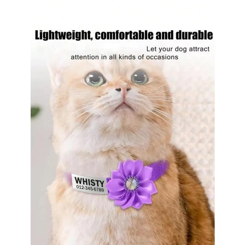 Etiqueta personalizada con nombre de mascota, decoración de flores con diamantes de imitación, Collar de seguridad para mascotas, hebilla antiasfixia, tamaño ajustable, adecuado para gatos y cachorros - imagen 2