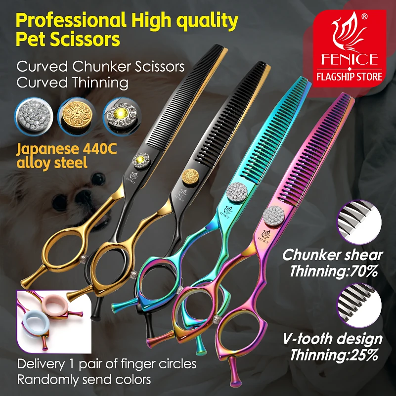 Fenice Grooming Scissors Diamond Screw 7.25 Inch Professional Curved Chunker Scissors Thinner Shears for Pet Beautician Tesoura - imagen 2