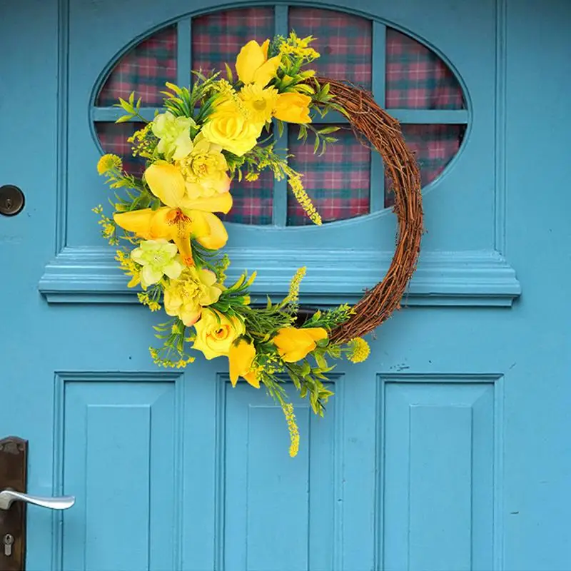Corona rosada Artificial para Primavera, reutilizable con corona de flores rosas para todas las estaciones, adornos de jardín para paredes de puerta delantera - imagen 2